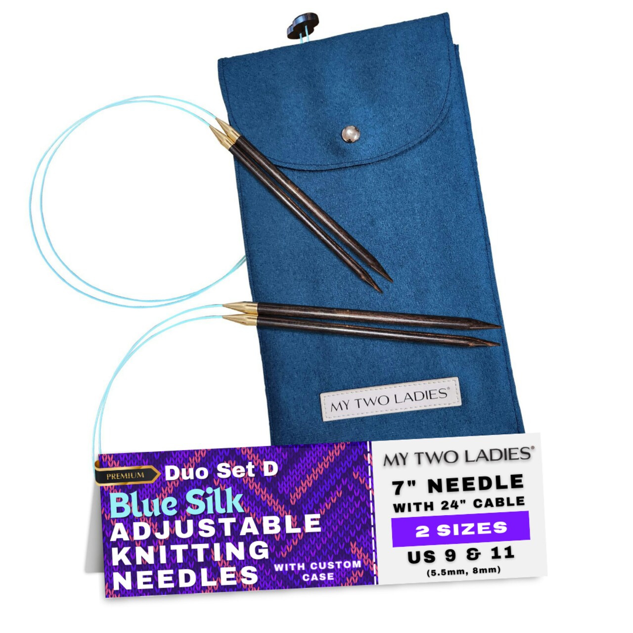My Two Ladies | Blue Silk | Duo Set | Adjustable Knitting Needles | w/custom case